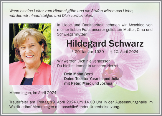 Traueranzeige von Hildegard Schwarz von Memminger Zeitung