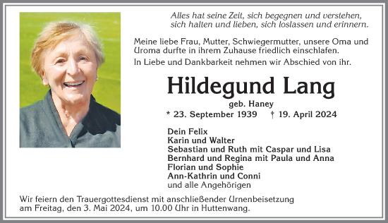 Traueranzeige von Hildegund Lang von Allgäuer Zeitung, Marktoberdorf