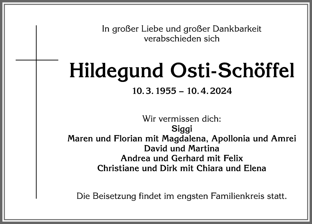  Traueranzeige für Hildegund Osti-Schöffel vom 20.04.2024 aus Allgäuer Zeitung, Füssen