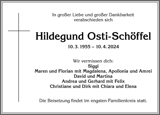 Traueranzeige von Hildegund Osti-Schöffel von Allgäuer Zeitung, Füssen