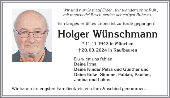 Traueranzeige von Holger Wünschmann von Allgäuer Zeitung, Kaufbeuren/Buchloe