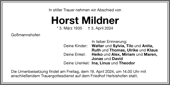 Traueranzeige von Horst Mildner von Memminger Zeitung
