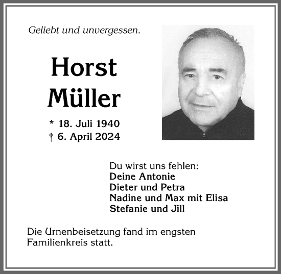 Traueranzeige von Horst Müller von Allgäuer Zeitung,Kempten