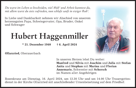 Traueranzeige von Hubert Haggenmiller von Memminger Zeitung
