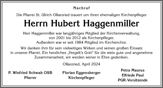 Traueranzeige von Hubert Haggenmiller von Memminger Zeitung