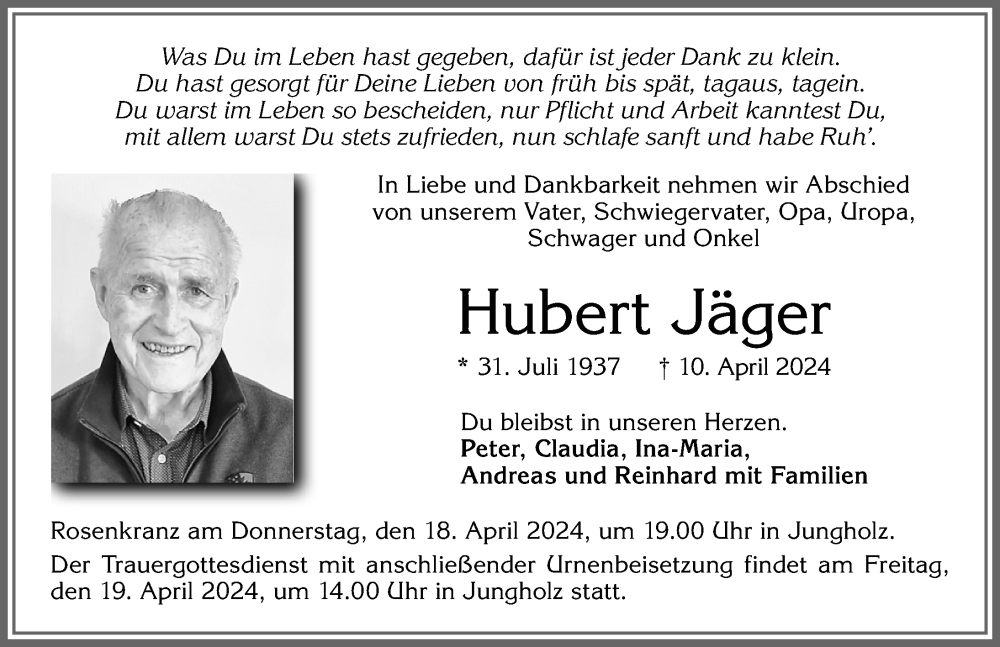  Traueranzeige für Hubert Jäger vom 13.04.2024 aus Allgäuer Zeitung,Kempten