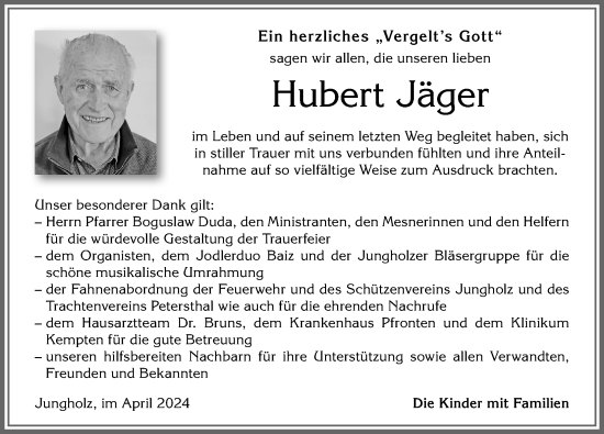 Traueranzeige von Hubert Jäger von Allgäuer Anzeigeblatt