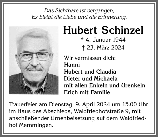 Traueranzeige von Hubert Schinzel von Memminger Zeitung