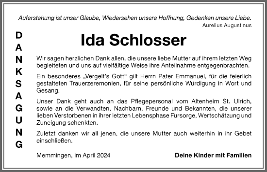 Traueranzeige von Ida Schlosser von Memminger Zeitung