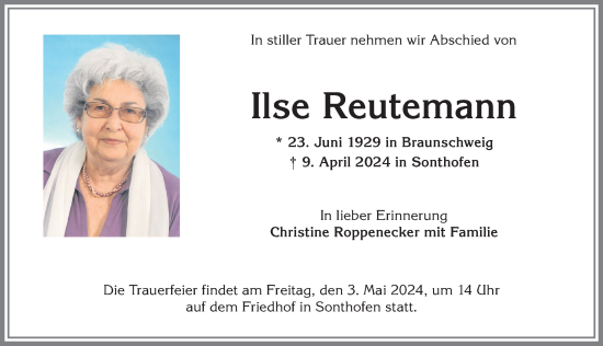 Traueranzeige von Ilse Reutemann von Allgäuer Anzeigeblatt