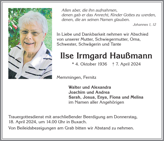 Traueranzeige von Ilse Irmgard Haußmann von Memminger Zeitung