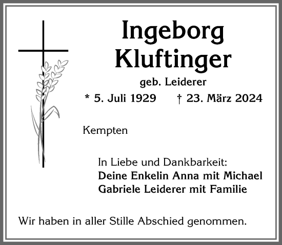Traueranzeige von Ingeborg Kluftinger von Allgäuer Zeitung,Kempten