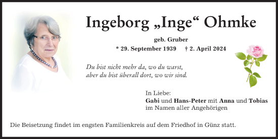 Traueranzeige von Ingeborg Ohmke von Memminger Zeitung