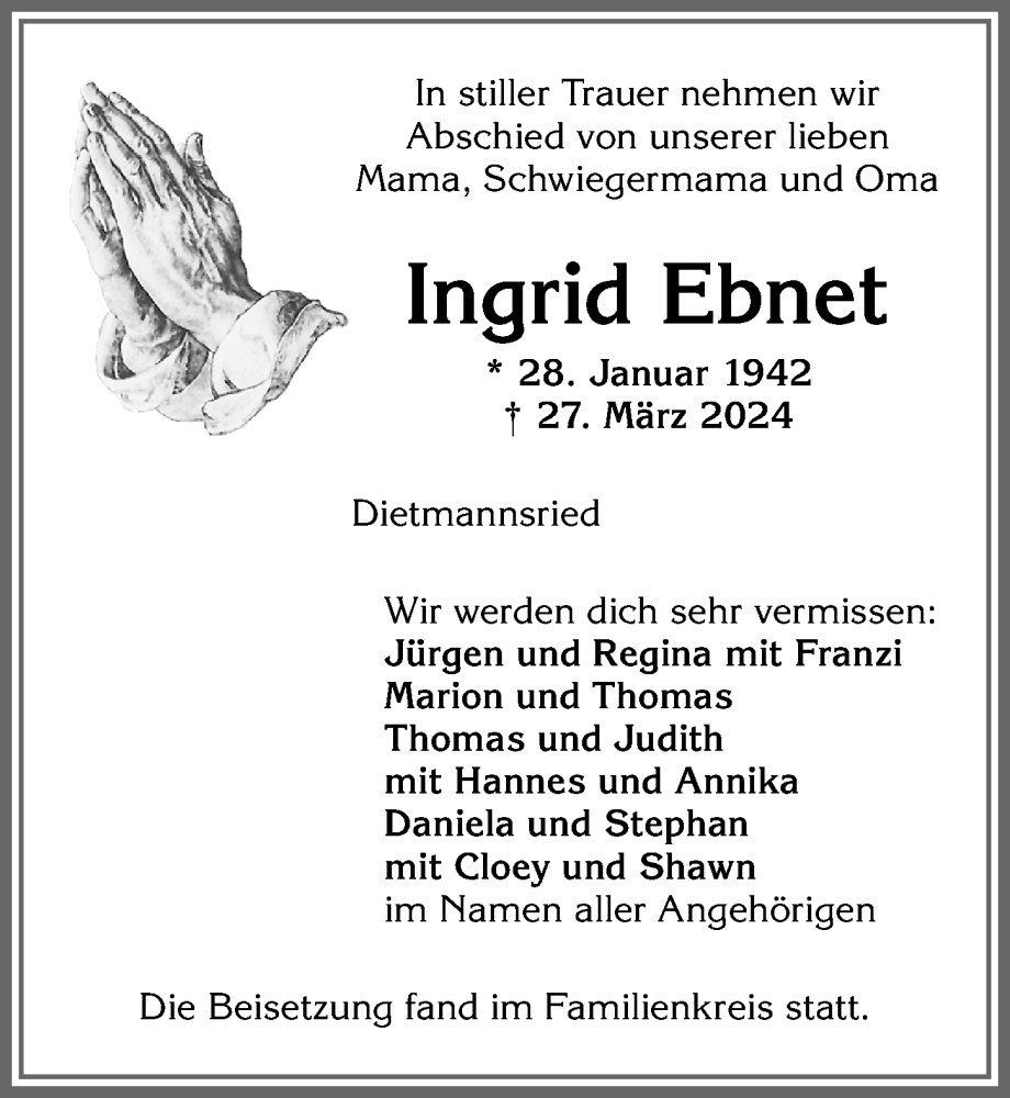  Traueranzeige für Ingrid Ebnet vom 11.04.2024 aus Allgäuer Zeitung,Kempten