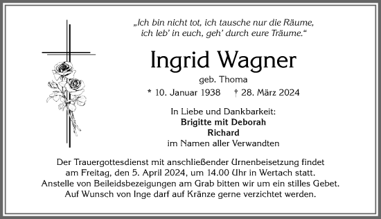 Traueranzeige von Ingrid Wagner von Allgäuer Anzeigeblatt
