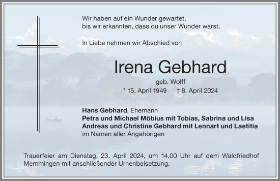 Traueranzeige von Irena Gebhard von Memminger Zeitung
