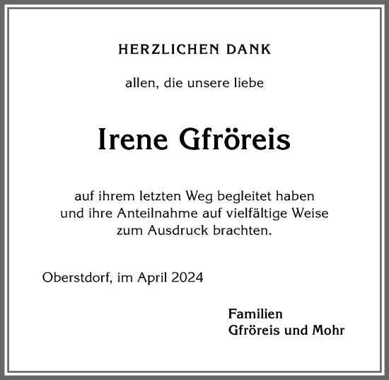 Traueranzeige von Irene Gfröreis von Allgäuer Anzeigeblatt