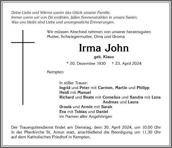 Traueranzeige von Irma John von Allgäuer Zeitung,Kempten