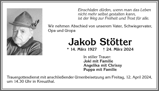 Traueranzeige von Jakob Stötter von Allgäuer Zeitung,Kempten