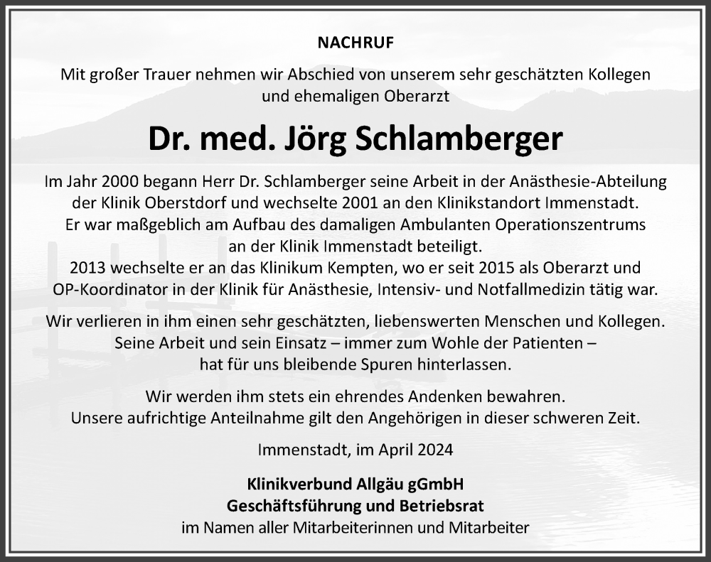  Traueranzeige für Jörg Schlamberger vom 06.04.2024 aus Allgäuer Anzeigeblatt