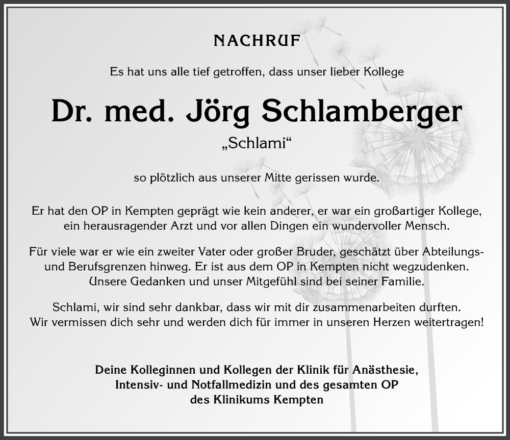  Traueranzeige für Jörg Schlamberger vom 06.04.2024 aus Allgäuer Zeitung,Kempten