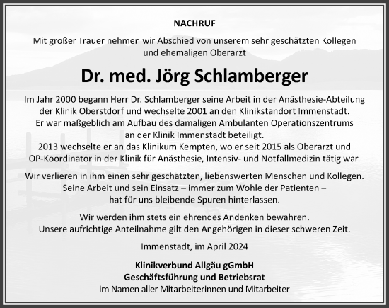 Traueranzeige von Jörg Schlamberger von Allgäuer Anzeigeblatt
