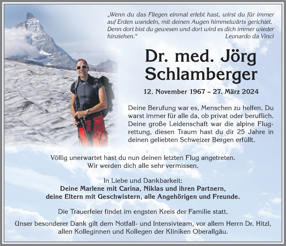  Traueranzeige für Jörg Schlamberger vom 06.04.2024 aus Allgäuer Anzeigeblatt