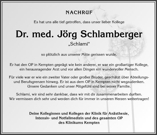 Traueranzeige von Jörg Schlamberger von Allgäuer Zeitung,Kempten