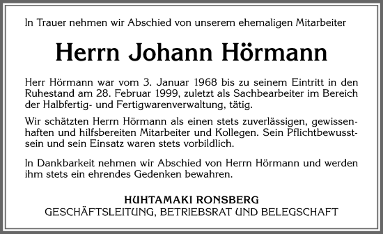 Traueranzeige von Johann Hörmann von Mindelheimer Zeitung, Augsburger Allgemeine