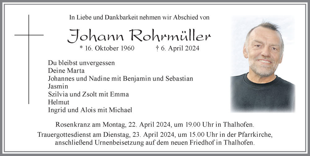  Traueranzeige für Johann Rohrmüller vom 20.04.2024 aus Allgäuer Zeitung, Marktoberdorf