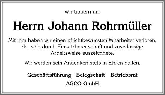 Traueranzeige von Johann Rohrmüller von Allgäuer Zeitung, Marktoberdorf