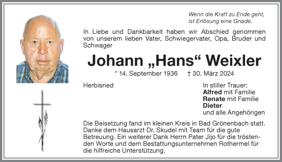 Traueranzeige von Johann Weixler von Memminger Zeitung