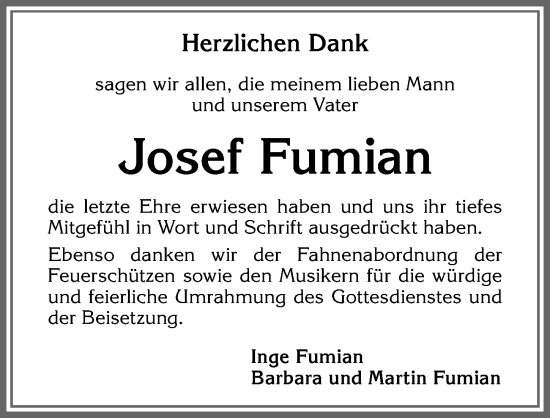 Traueranzeige von Josef Fumian von Allgäuer Zeitung, Marktoberdorf