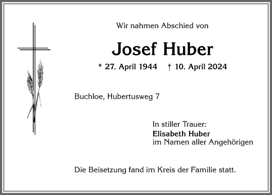 Traueranzeige von Josef Huber von Allgäuer Zeitung, Kaufbeuren/Buchloe