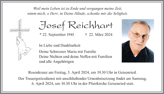 Traueranzeige von Josef Reichhart von Allgäuer Zeitung, Marktoberdorf