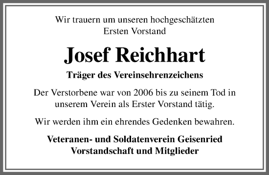 Traueranzeige von Josef Reichhart von Allgäuer Zeitung, Marktoberdorf
