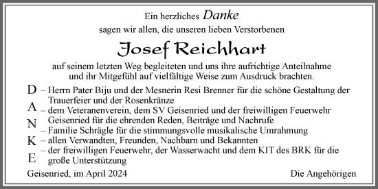 Traueranzeige von Josef Reichhart von Allgäuer Zeitung, Marktoberdorf