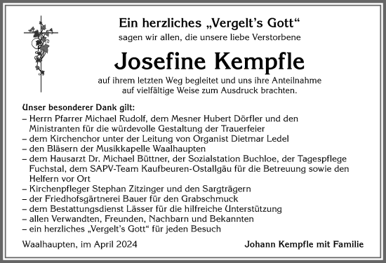 Traueranzeige von Josefine Kempfle von Allgäuer Zeitung, Kaufbeuren/Buchloe