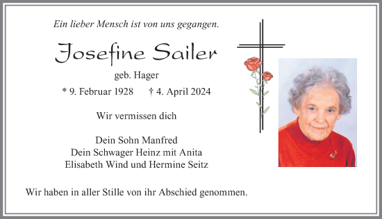 Traueranzeige von Josefine Sailer von Allgäuer Zeitung, Füssen