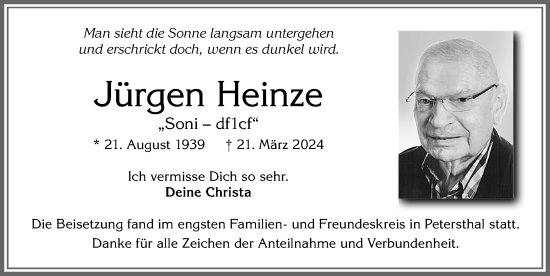 Traueranzeige von Jürgen Heinze von Allgäuer Zeitung, Füssen