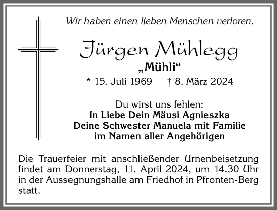 Traueranzeige von Jürgen Mühlegg von Allgäuer Zeitung, Füssen