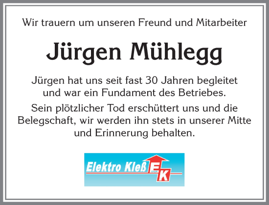 Traueranzeige von Jürgen Mühlegg von Allgäuer Zeitung, Füssen