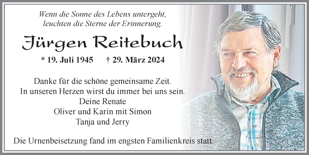  Traueranzeige für Jürgen Reitebuch vom 13.04.2024 aus Allgäuer Zeitung, Marktoberdorf