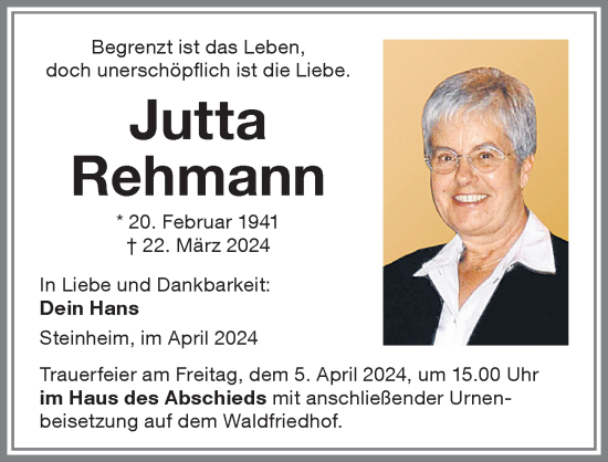 Traueranzeige von Jutta Rehmann von Memminger Zeitung