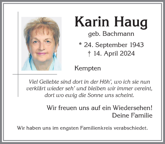 Traueranzeige von Karin Haug von Allgäuer Zeitung,Kempten