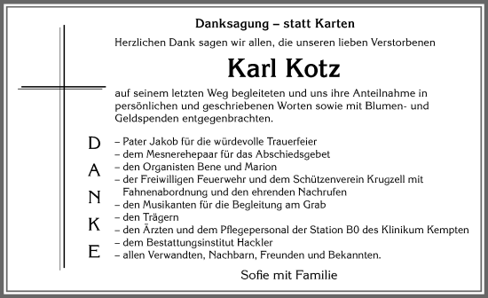 Traueranzeige von Karl Kotz von Allgäuer Zeitung,Kempten