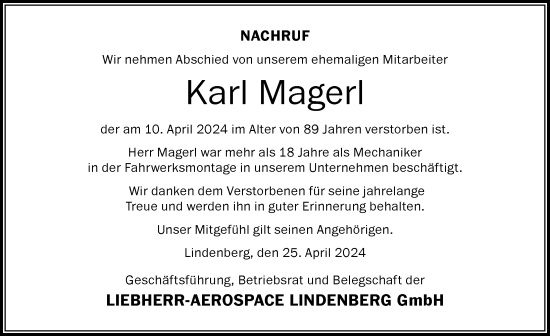 Traueranzeige von Karl Magerl von Der Westallgäuer