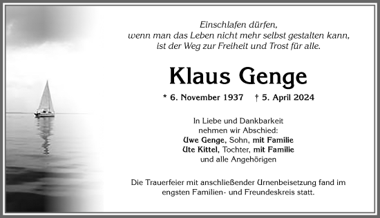 Traueranzeige von Klaus Genge von Allgäuer Zeitung, Kaufbeuren/Buchloe