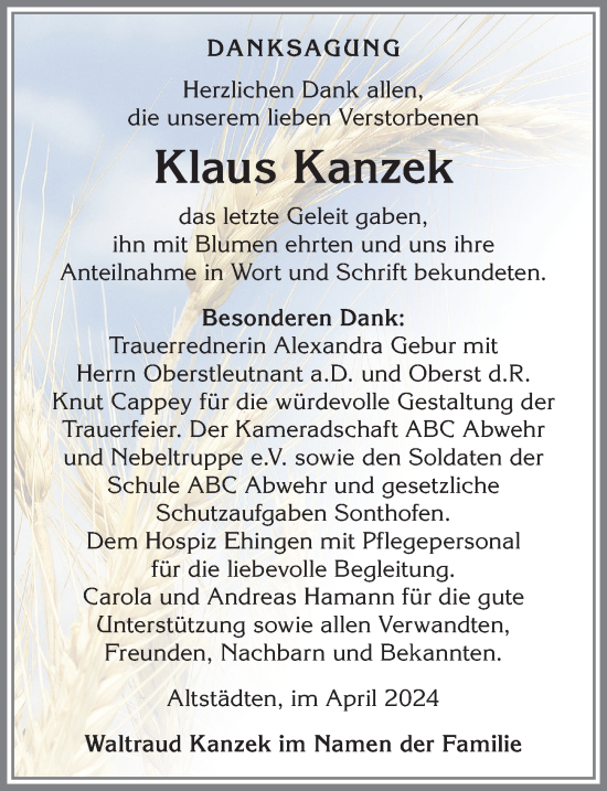 Traueranzeige von Klaus Kanzek von Allgäuer Anzeigeblatt