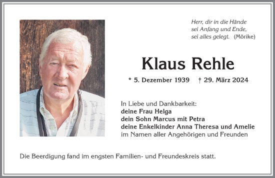 Traueranzeige von Klaus Rehle von Allgäuer Anzeigeblatt